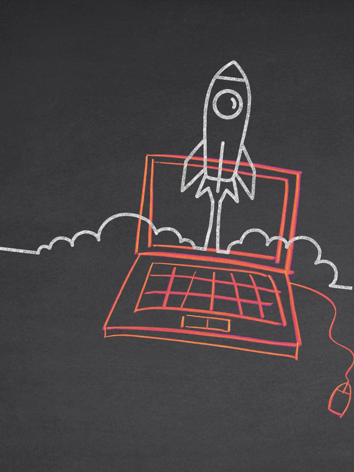 Illustration of a rocket launching from a laptop, representing digital trends and innovation in yachting and modern purser work.